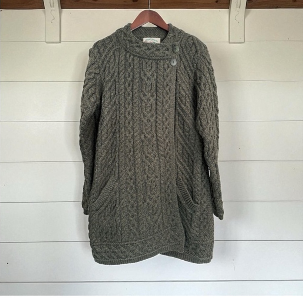 Aran Crafts Green Merino Wool 2 Button Cardigan